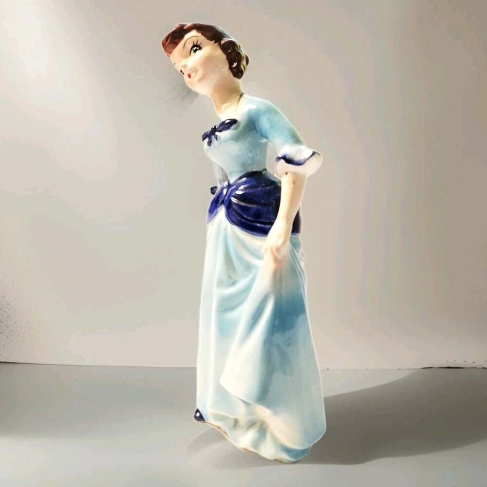 Kreiss Vintage Victorian Lady in Blue Dress Porcelain Figurine 7 3/8" Tall